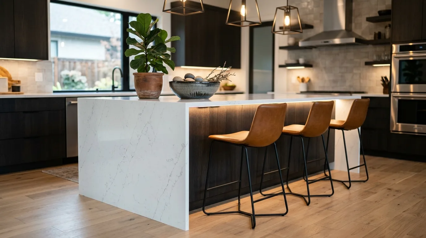 Modern kitchen island with decorative bowl, greenery, and sleek bar stools