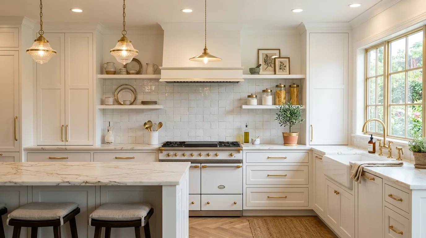 Chic kitchen with gold hardware, white cabinetry, and elegant decor