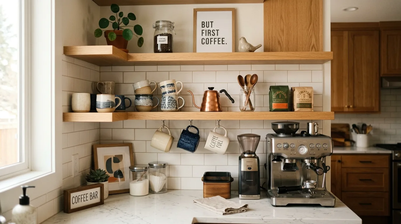 Modern kitchen coffee station with organized shelves and mugs