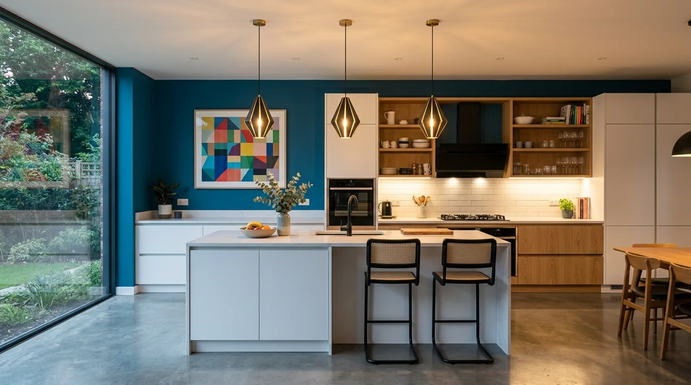 Contemporary kitchen with bold accent wall and clean cabinetry
