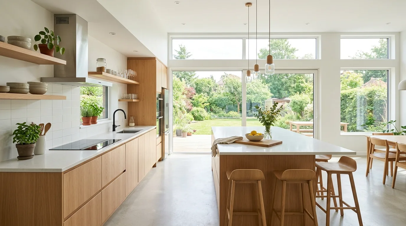 Bright modern kitchen with large windows and light wood cabinets