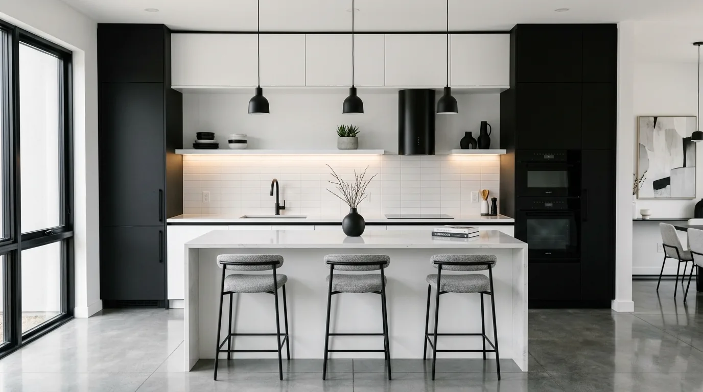 Stylish monochrome kitchen with sleek appliances and polished surfaces