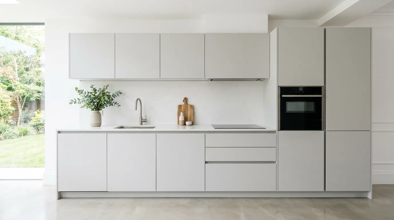 Modern kitchen with integrated appliances, handleless cabinets, and simple greenery