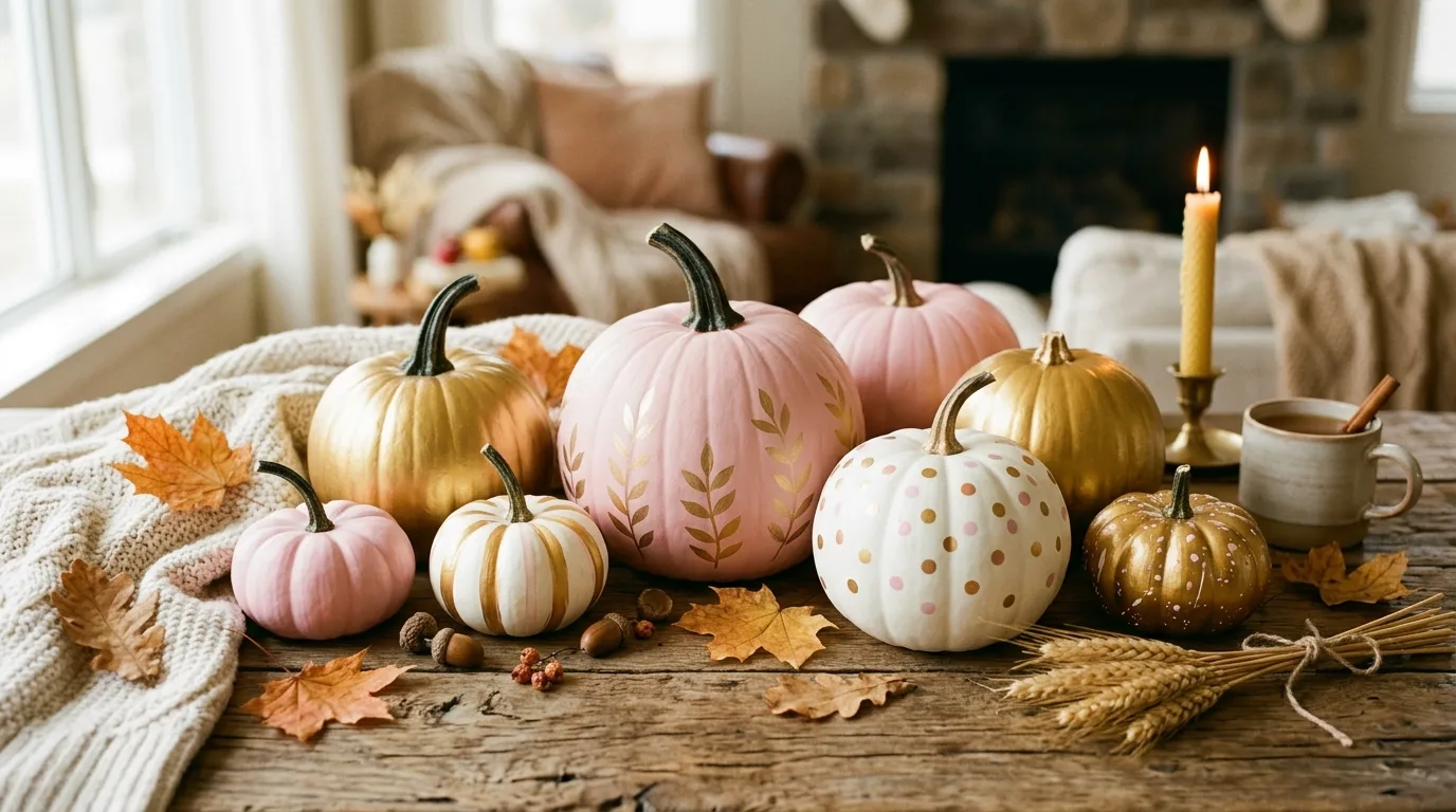 Cute painted pumpkins in pastel fall colors on a rustic table