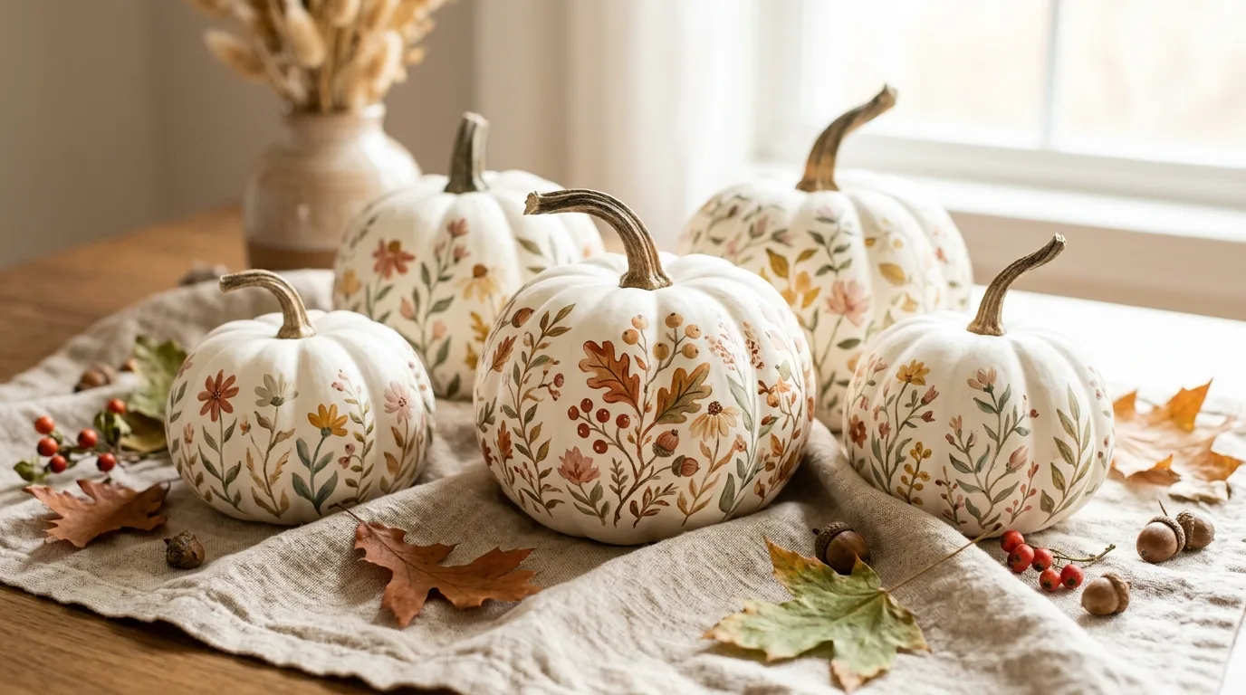 White pumpkins painted with soft floral details