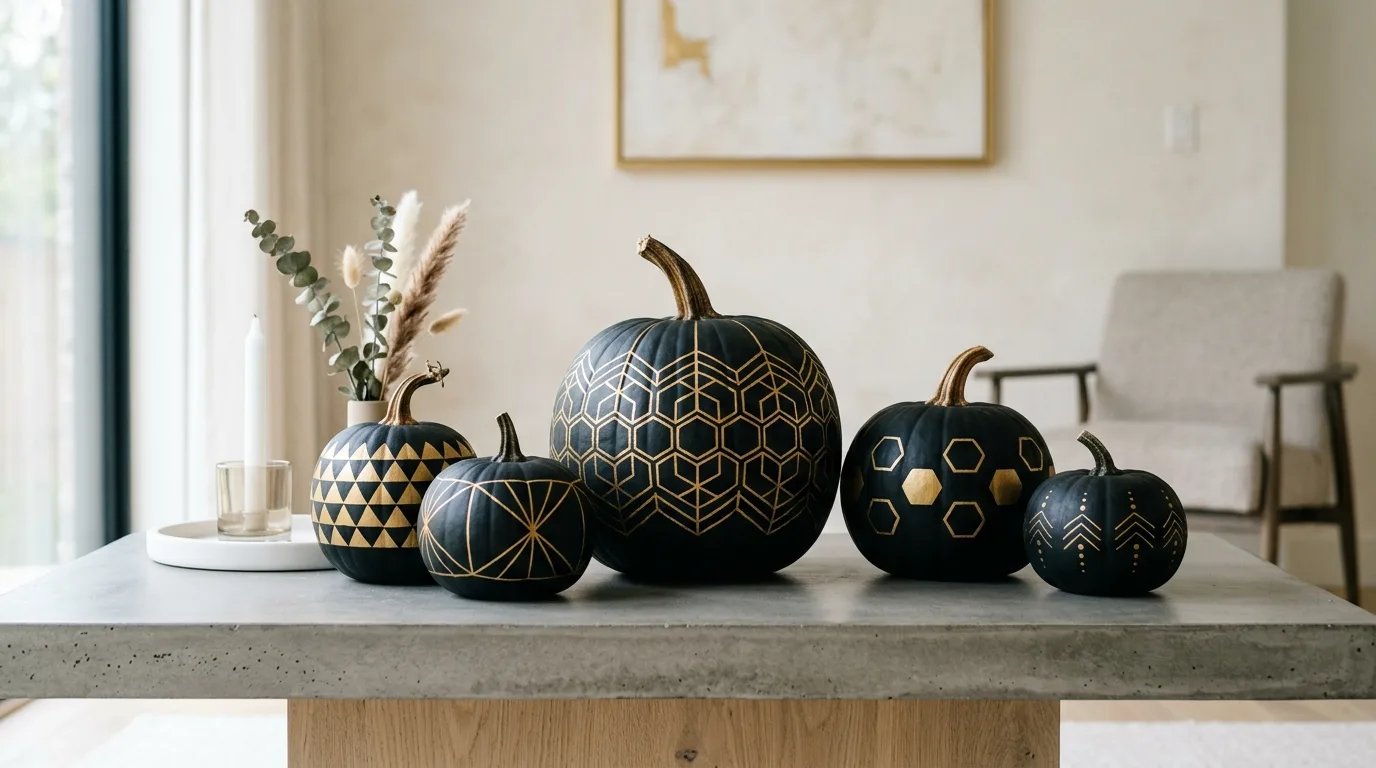 Black pumpkins with gold geometric patterns