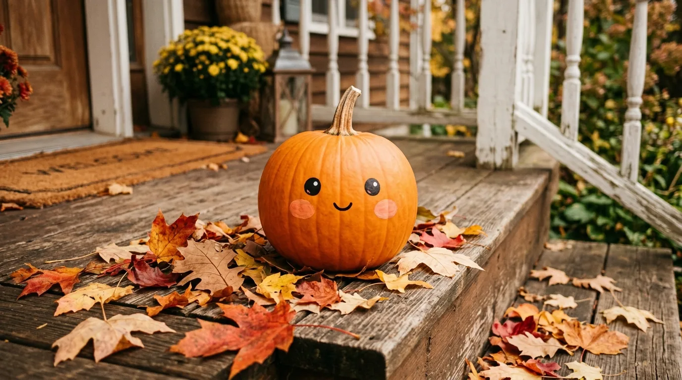 Cute painted pumpkin with a smiling face on a porch
