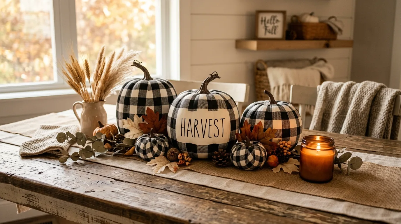 Painted pumpkins with black and white buffalo check