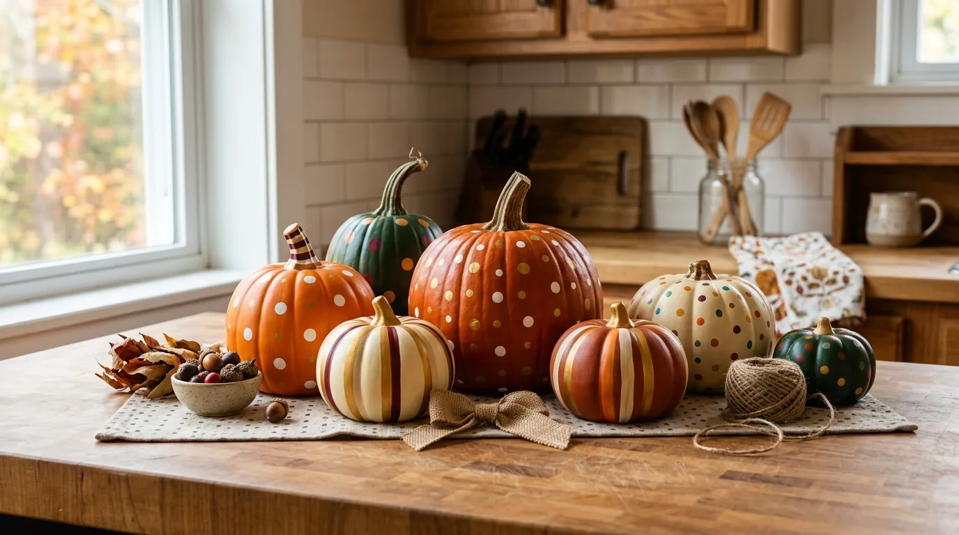 Pumpkins painted with polka dots and stripe patterns