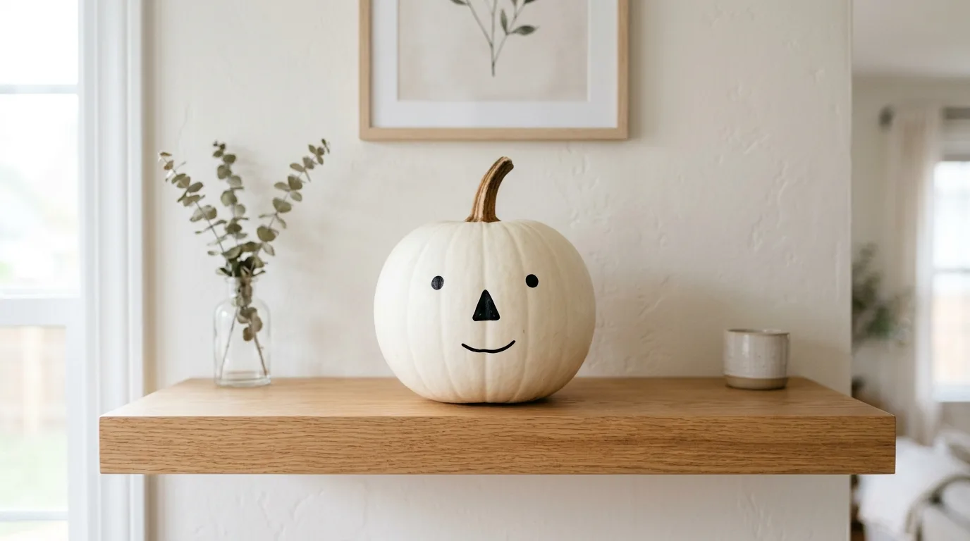 White pumpkin with a minimalist face painted in black