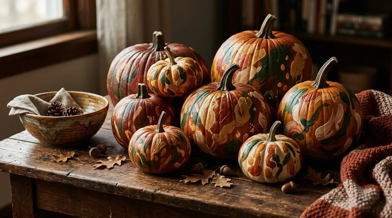 Painted pumpkins with abstract autumn brushstrokes
