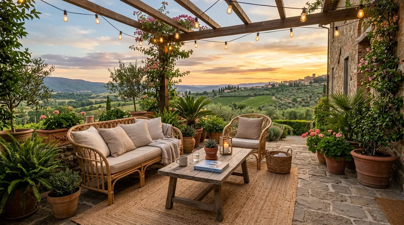 Cozy patio with rattan furniture, neutral cushions, and greenery