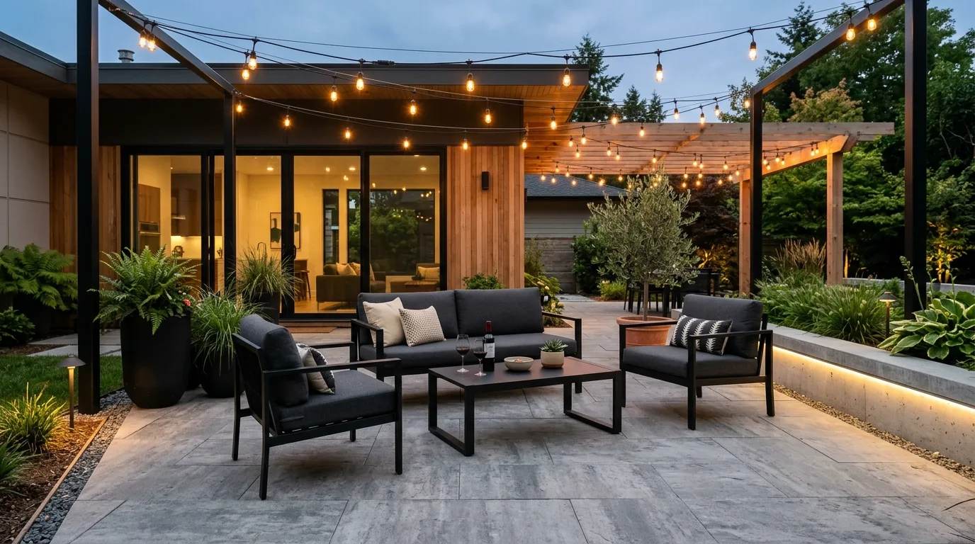 Modern patio design with sleek black metal furniture, string lights, and minimal decor