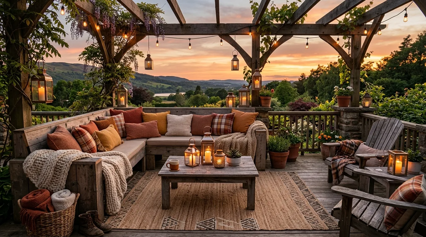 Rustic patio with wooden seating, outdoor rug, lanterns, and warm toned throw pillows