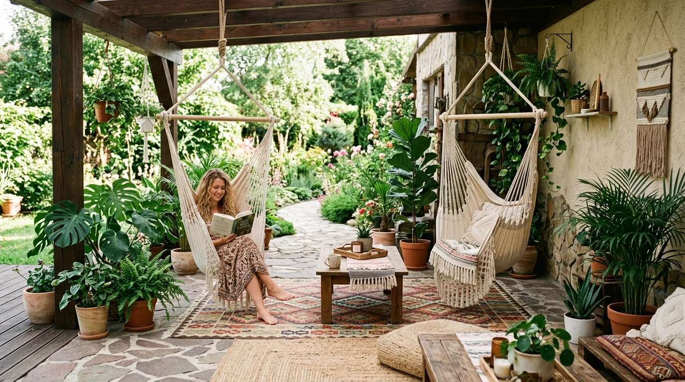 Boho style patio with macrame hanging chairs, woven rugs, and abundant greenery