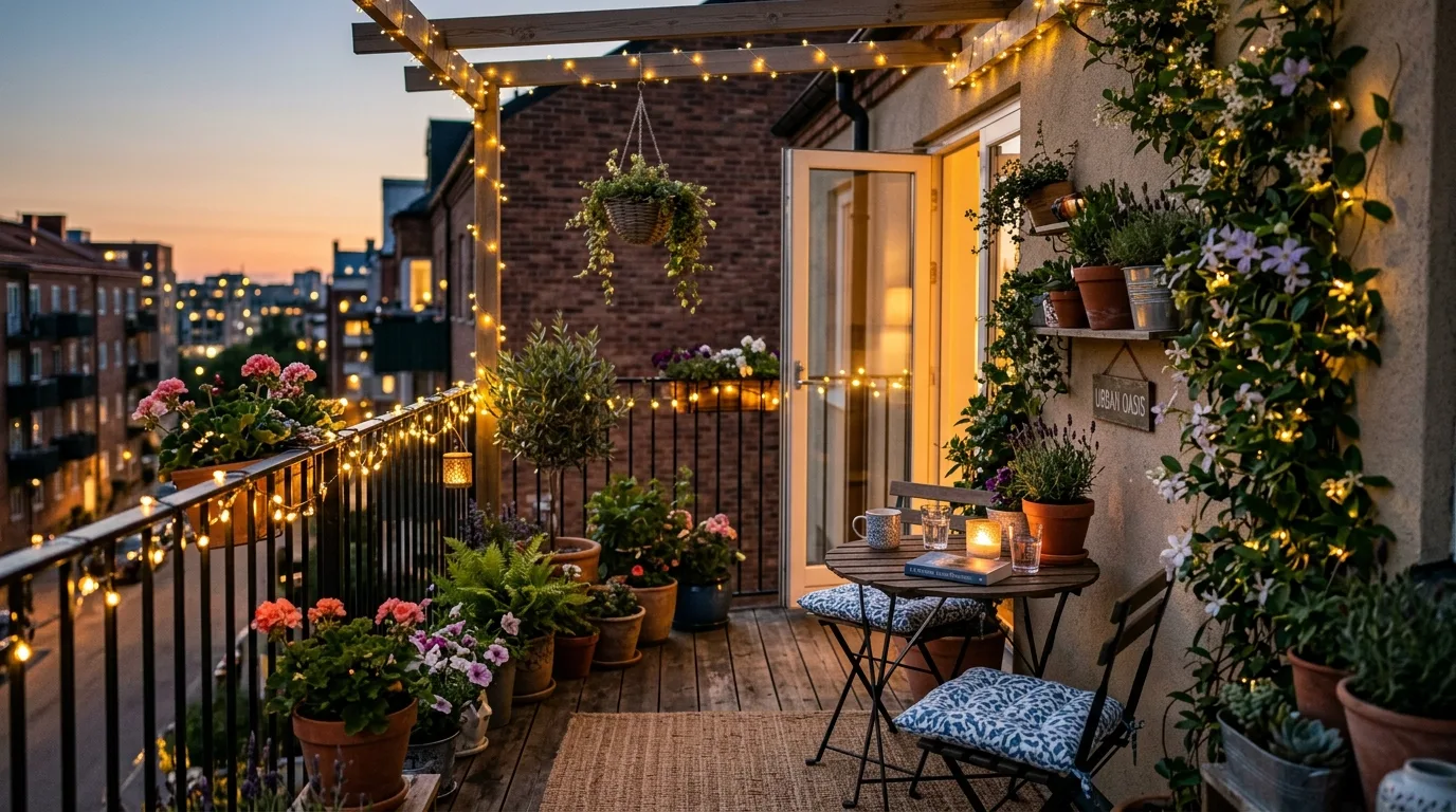 Small apartment patio decorated with compact furniture, fairy lights, and potted plants