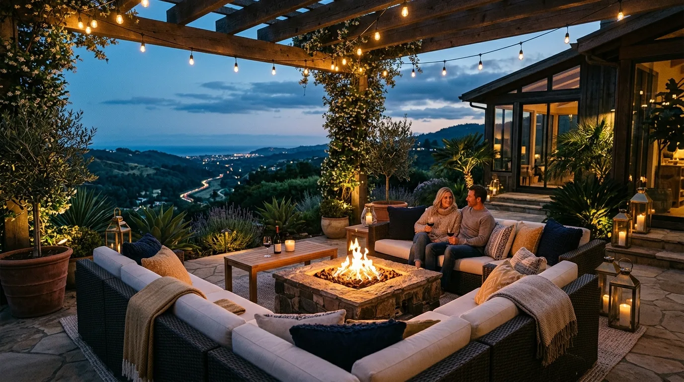 Luxury patio with sectional outdoor sofa, central fire pit, and elegant lighting