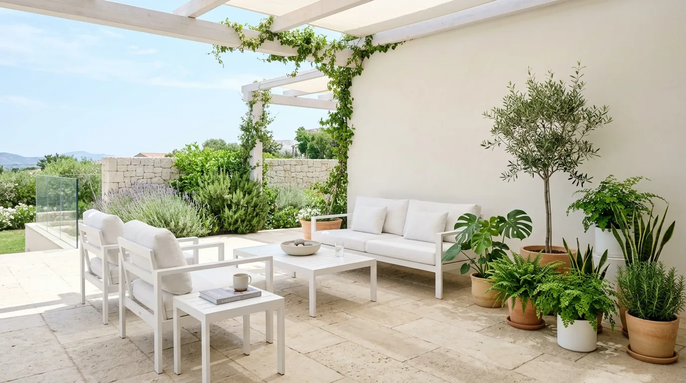 Minimalist patio with clean white furniture, stone flooring, and simple green plants