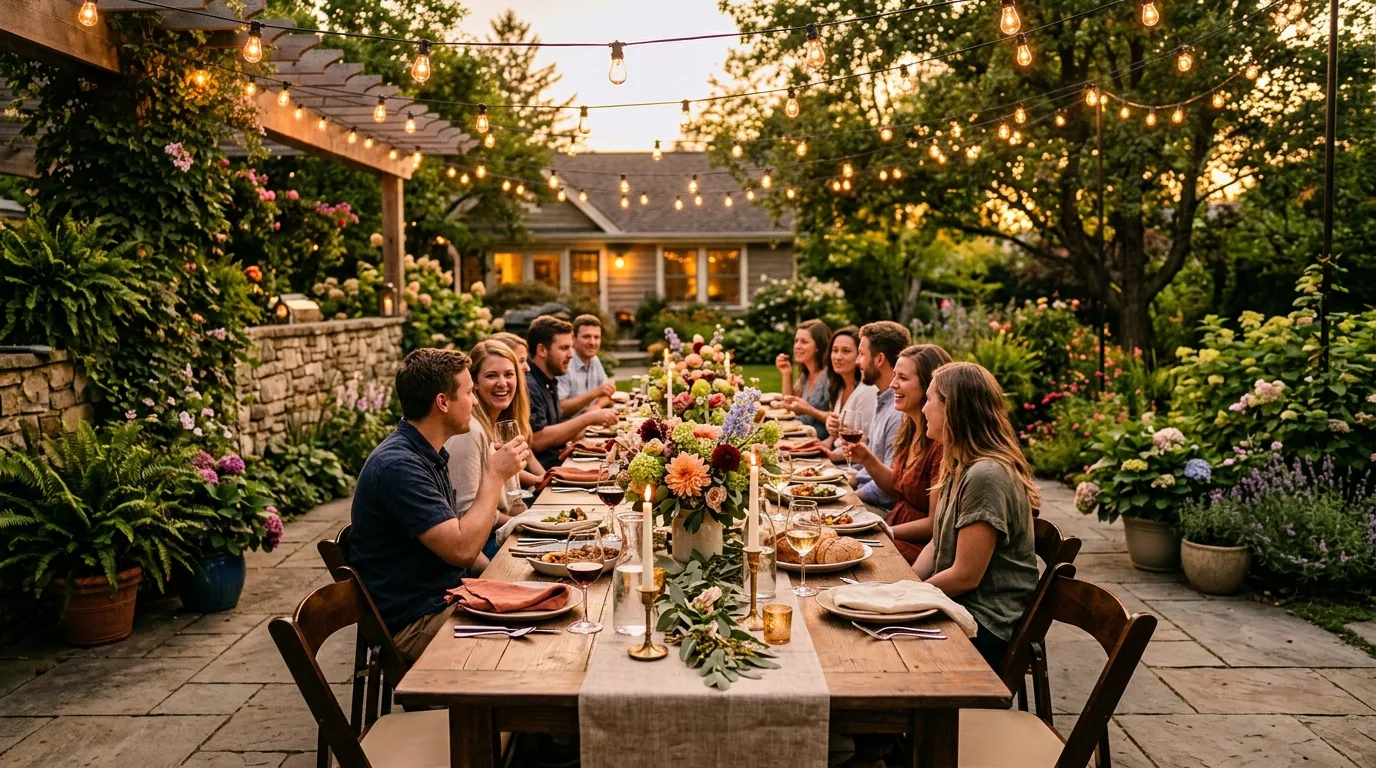 Backyard patio dining setup with long table, string lights, and floral centerpiece