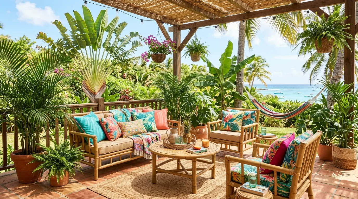 Tropical inspired patio with palm plants, bamboo furniture, and vibrant cushions