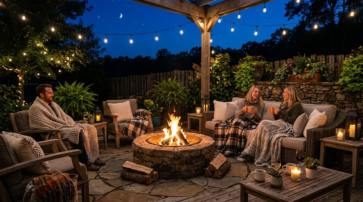 Cozy evening patio with glowing fire pit, blankets, and comfortable seating