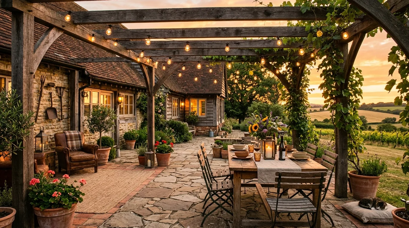 Farmhouse patio with wooden pergola, hanging lights, and rustic decor elements