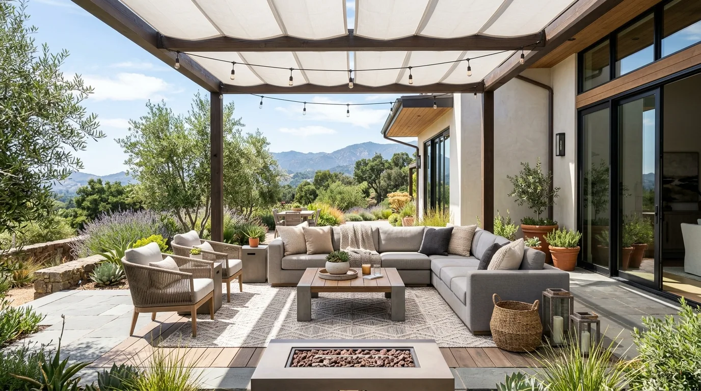 Modern outdoor lounge patio with sectional seating, neutral tones, and stylish decor accents