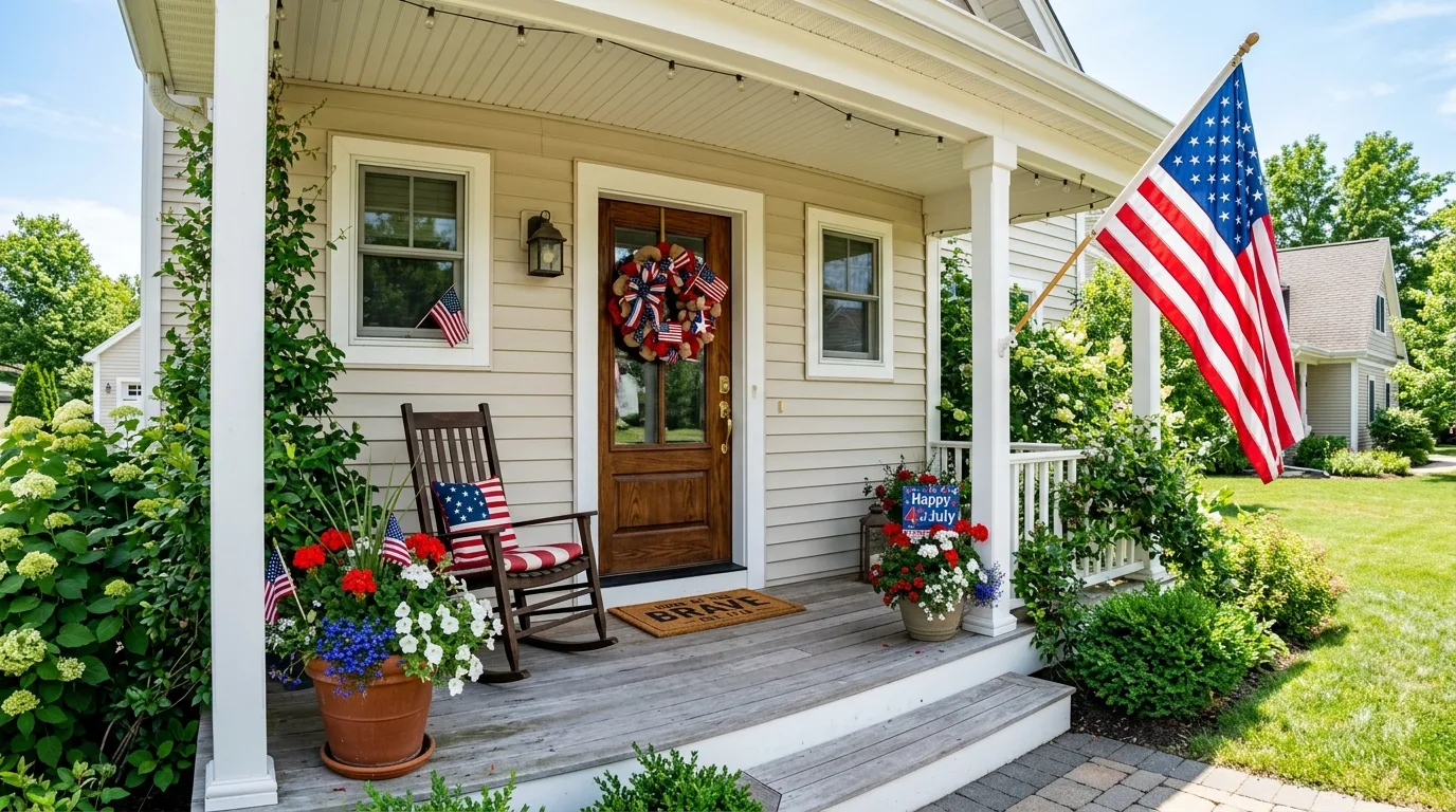 Patriotic Fourth of July front porch with wreath, flag, and festive flowers