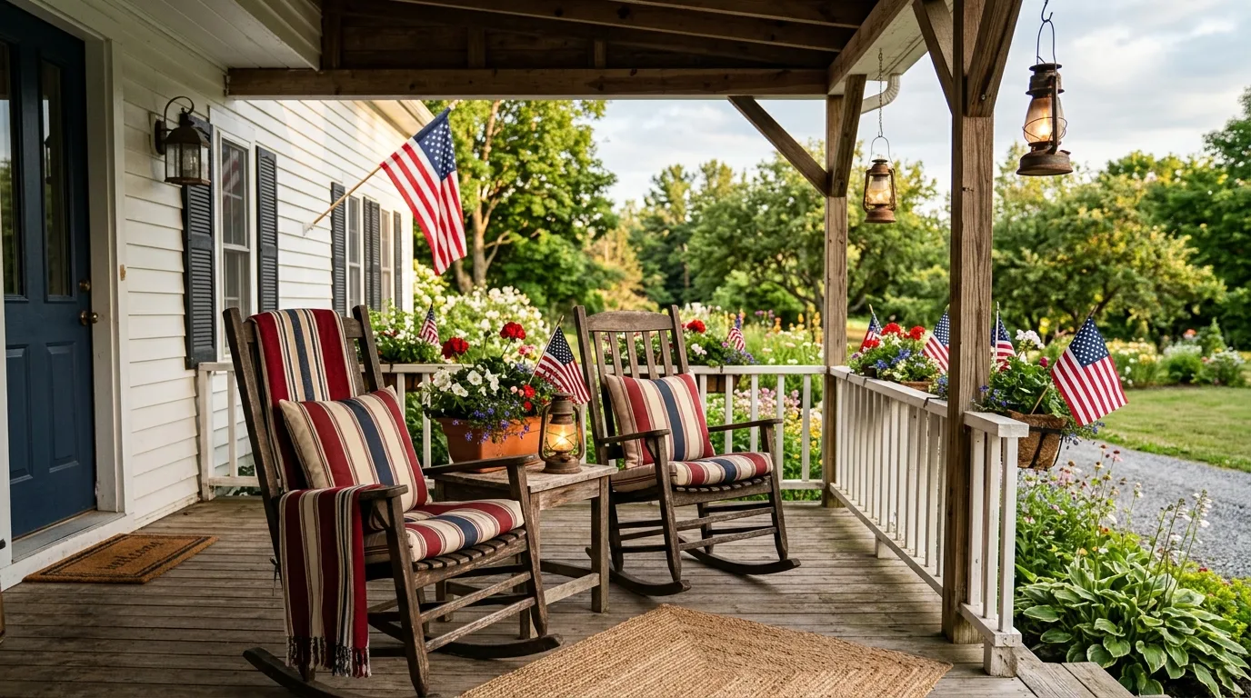 Cozy farmhouse porch with rocking chairs, striped patriotic cushions, and lanterns
