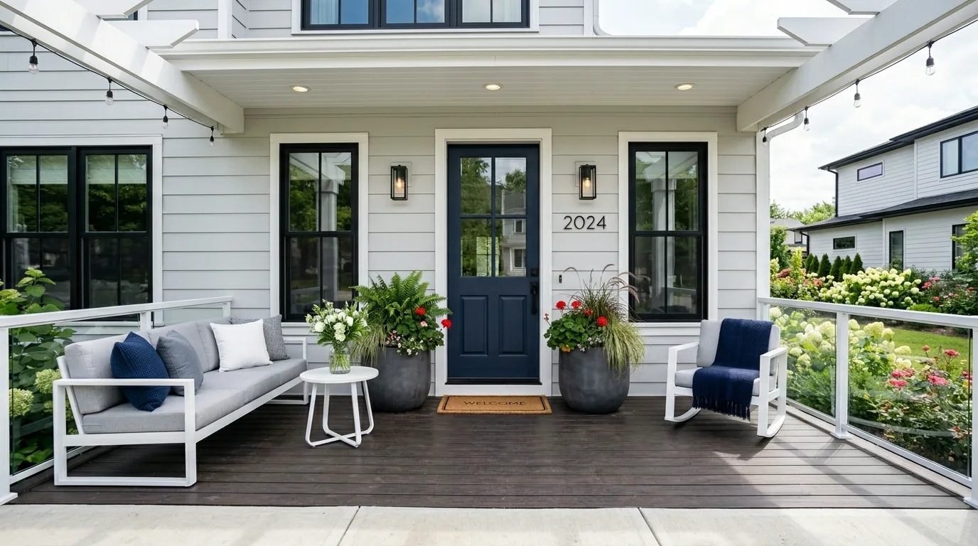 Modern front porch with white furniture and minimal patriotic accents