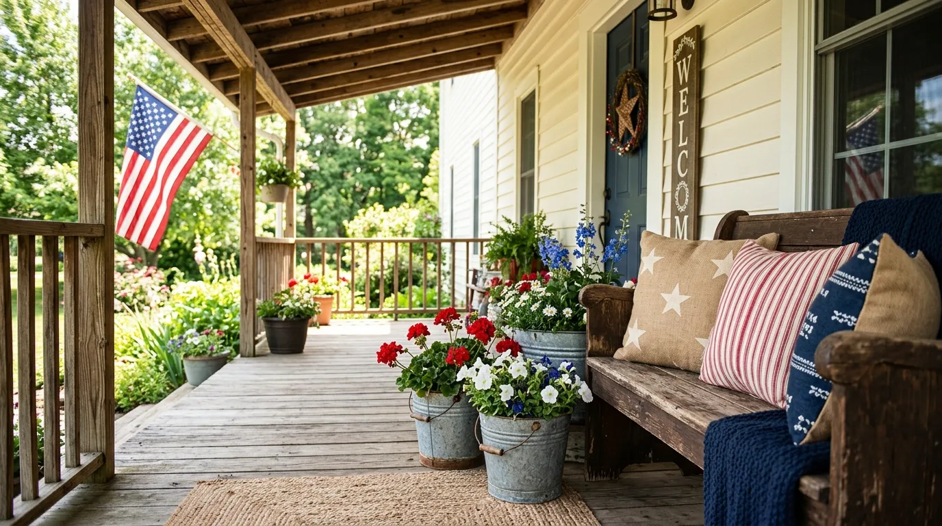 Rustic porch with burlap pillows, galvanized buckets, and patriotic flowers