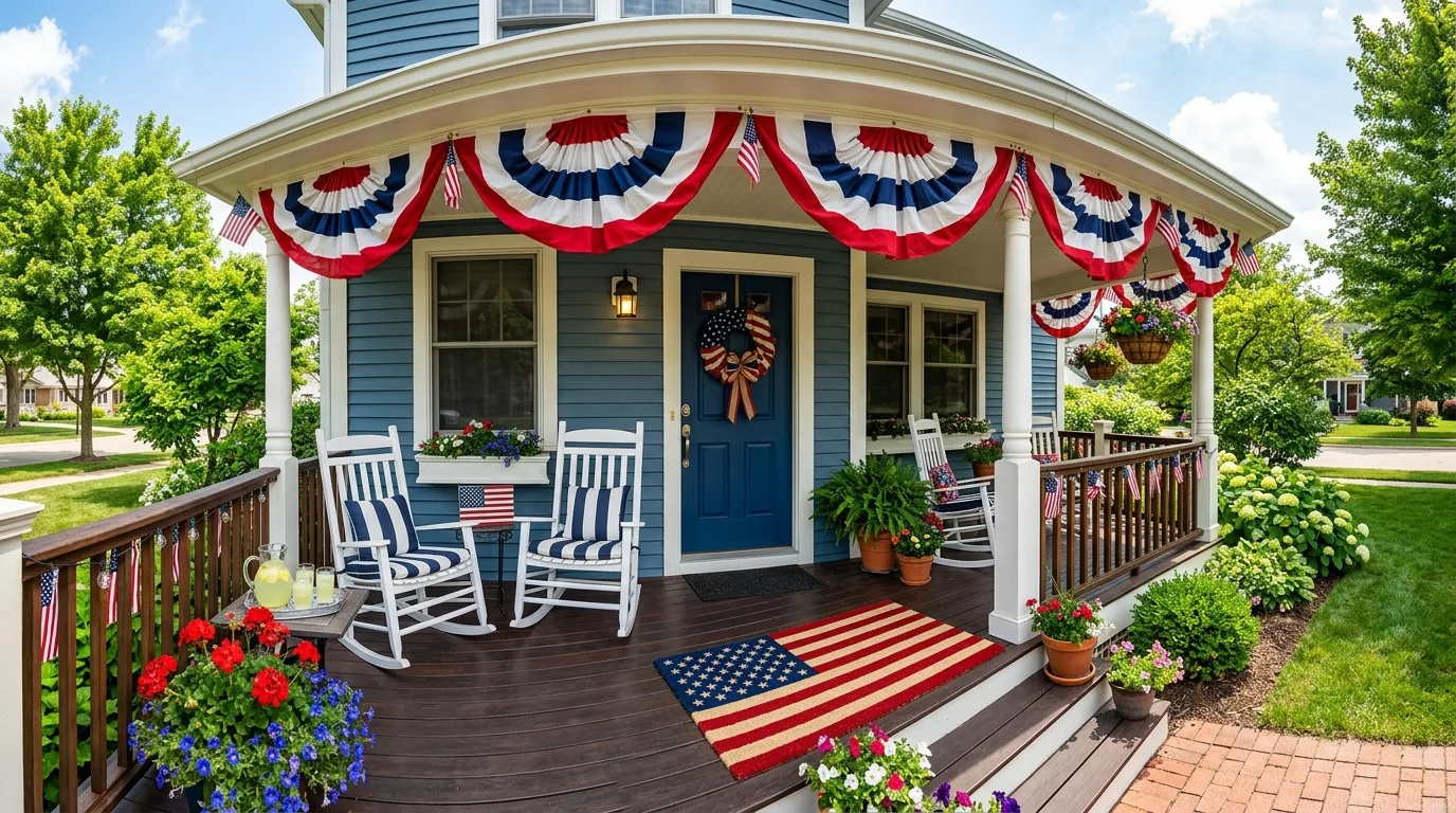 Front porch with patriotic bunting and American flag rug