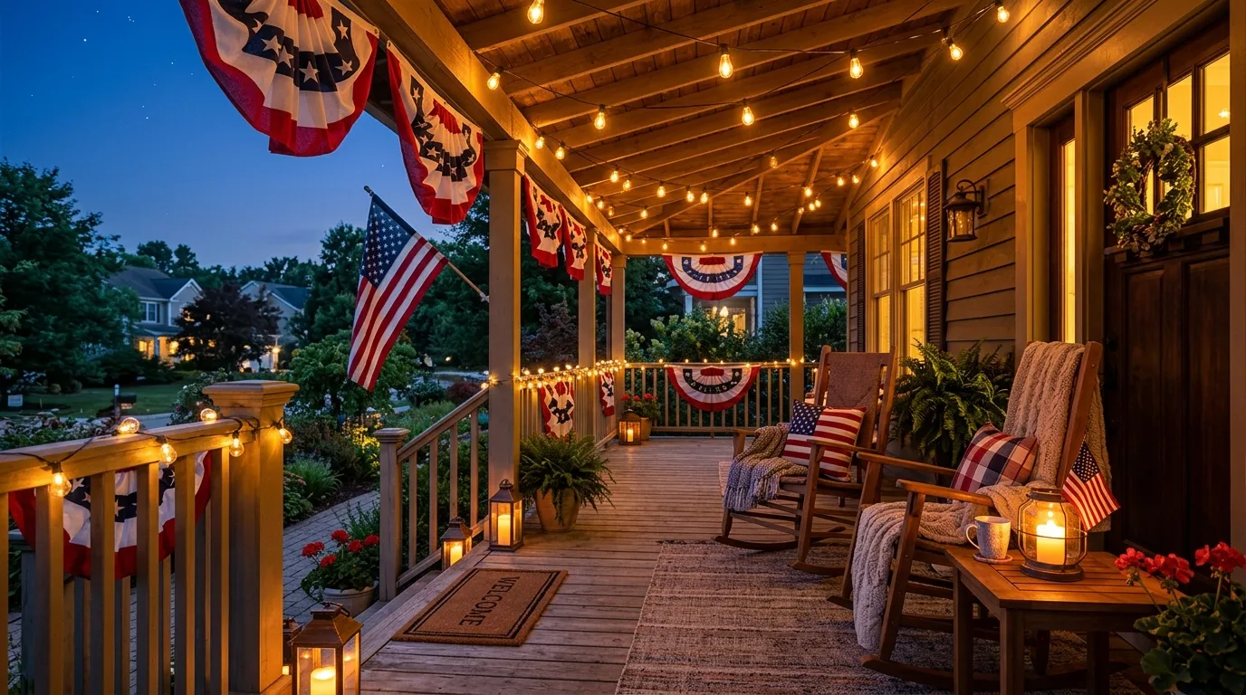 Evening porch with string lights, lanterns, and patriotic banners