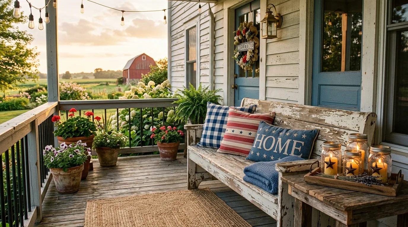 Farmhouse porch with distressed bench, patriotic pillows, and mason jar candle holders