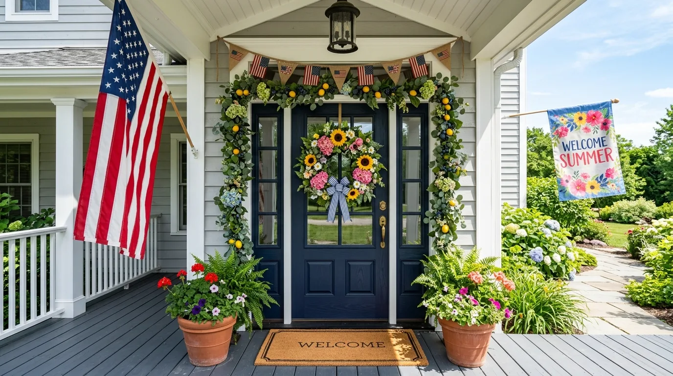Porch entryway with layered flags, floral wreath, and seasonal garland