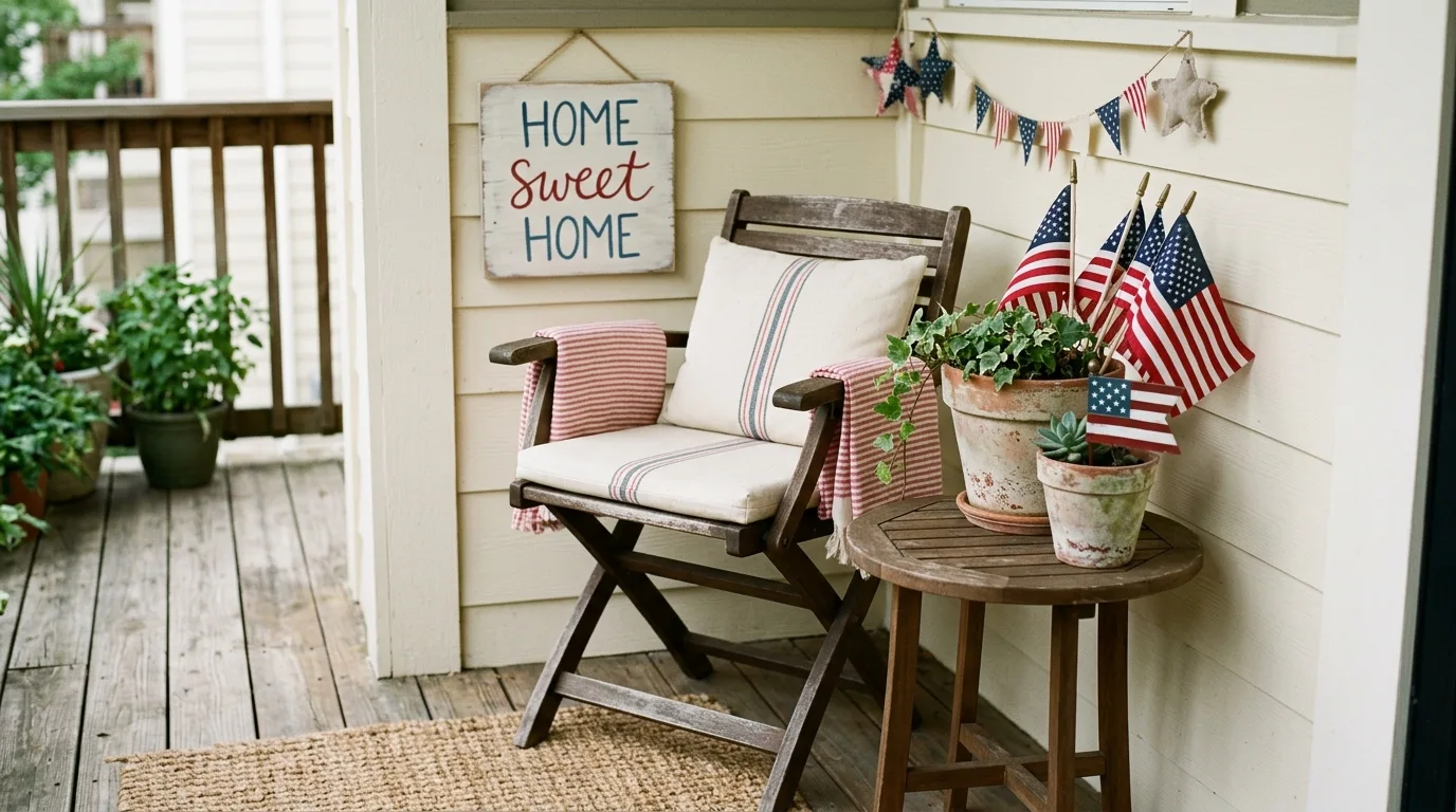 Small porch corner with compact seating, mini flags, and simple patriotic decor