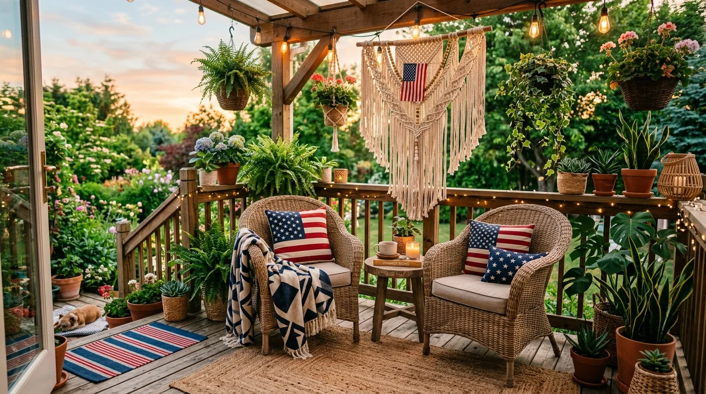 Boho porch with woven chairs, macrame, greenery, and patriotic cushions