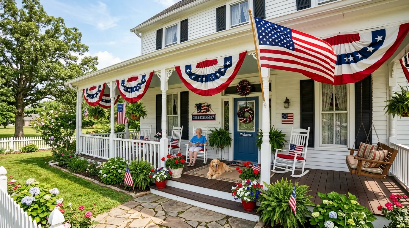 Classic American porch with large flag display and rocking chairs