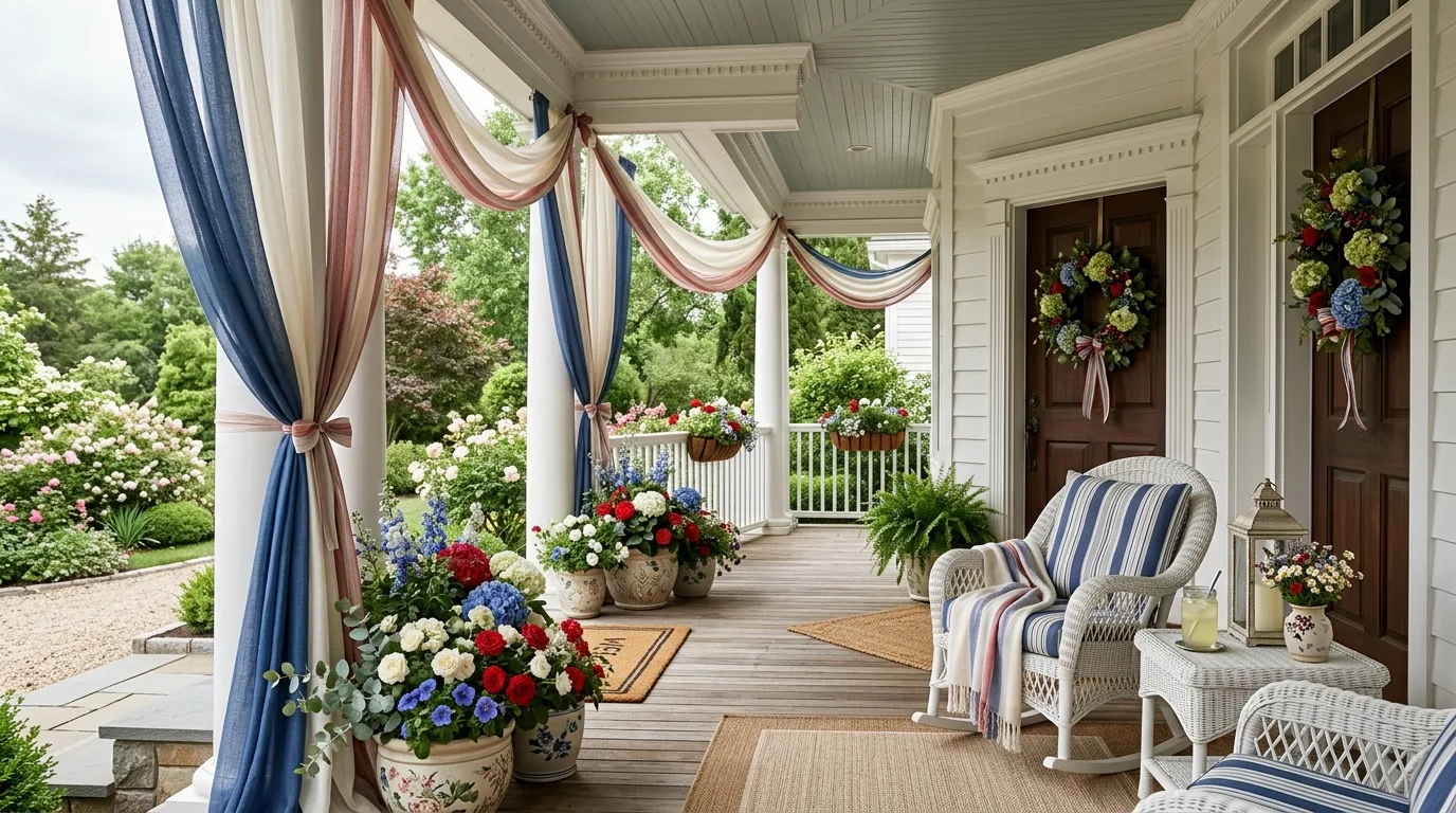 Elegant porch with white columns, draped patriotic fabric, and floral arrangements