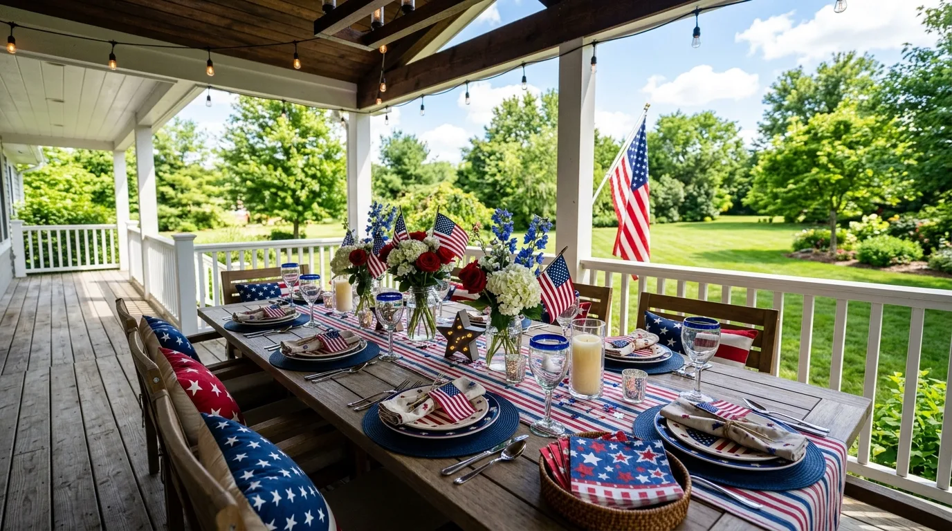Outdoor porch dining setup with patriotic table decor and festive summer styling