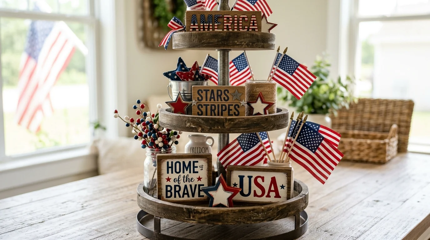 Patriotic tiered tray with mini flags, stars, and rustic wood finish