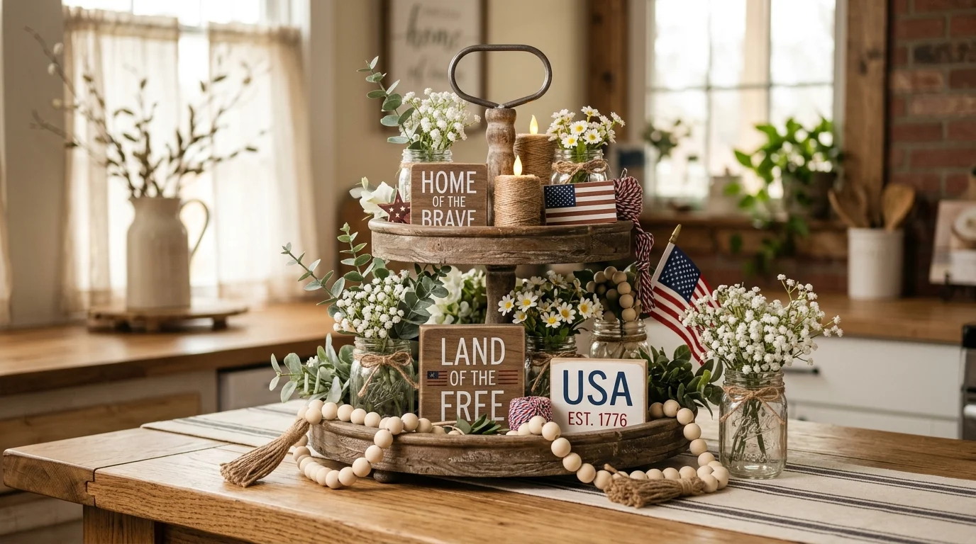 Farmhouse patriotic tiered tray with mason jars, white flowers, wood beads, and subtle red blue accents