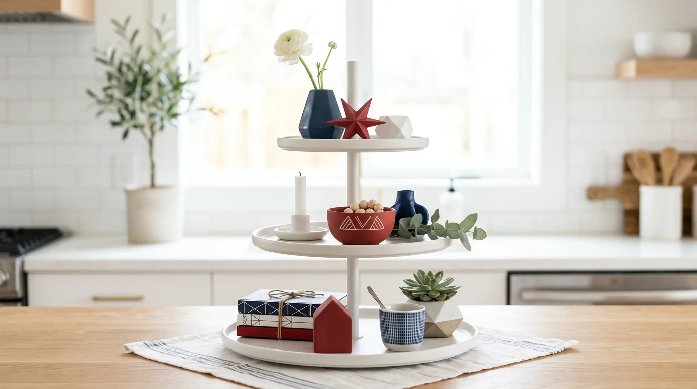Modern patriotic tiered tray with white base, minimal red and blue decor, and clean styling