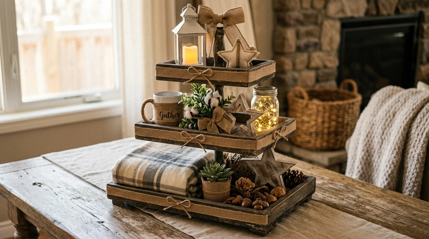 Rustic patriotic tray with distressed wood, burlap ribbon, lantern, and star decor