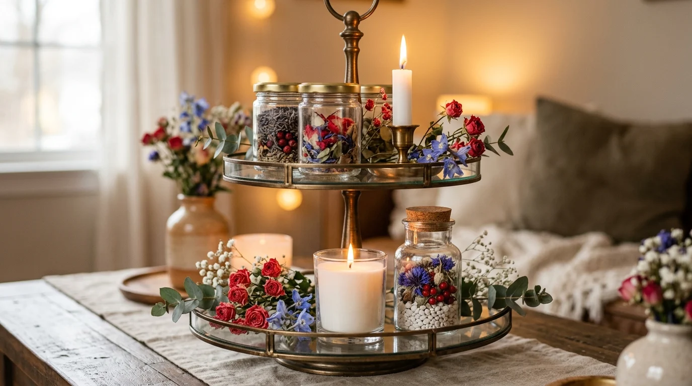 Elegant patriotic tiered tray with candles, glass jars, and floral accents