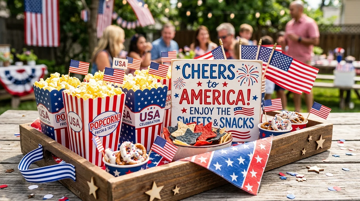 Fun patriotic tray with mini popcorn boxes, flags, and festive signage