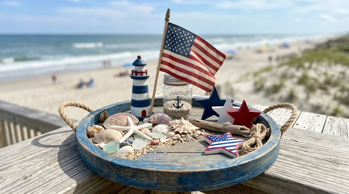 Coastal patriotic tiered tray with seashells, blue tones, and subtle red accents