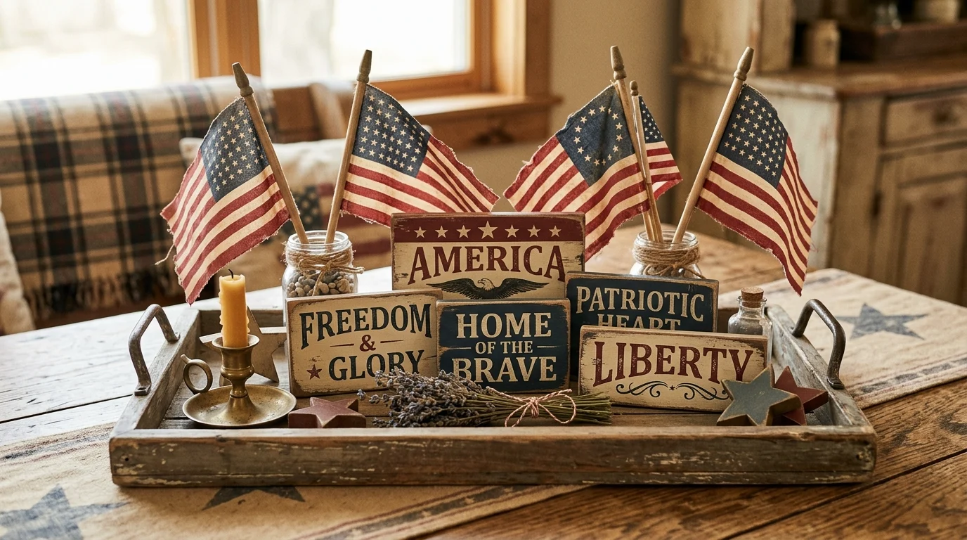 Vintage patriotic tray with antique style mini signs and muted red white blue accents