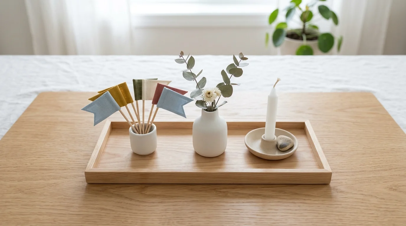 Minimal patriotic tray with small flags, white decor, and clean layout