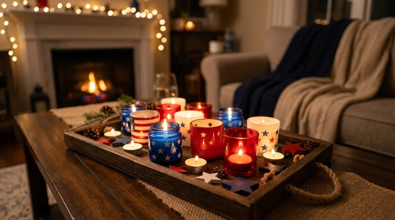 Candle themed patriotic tray with red white and blue candle holders and star accents